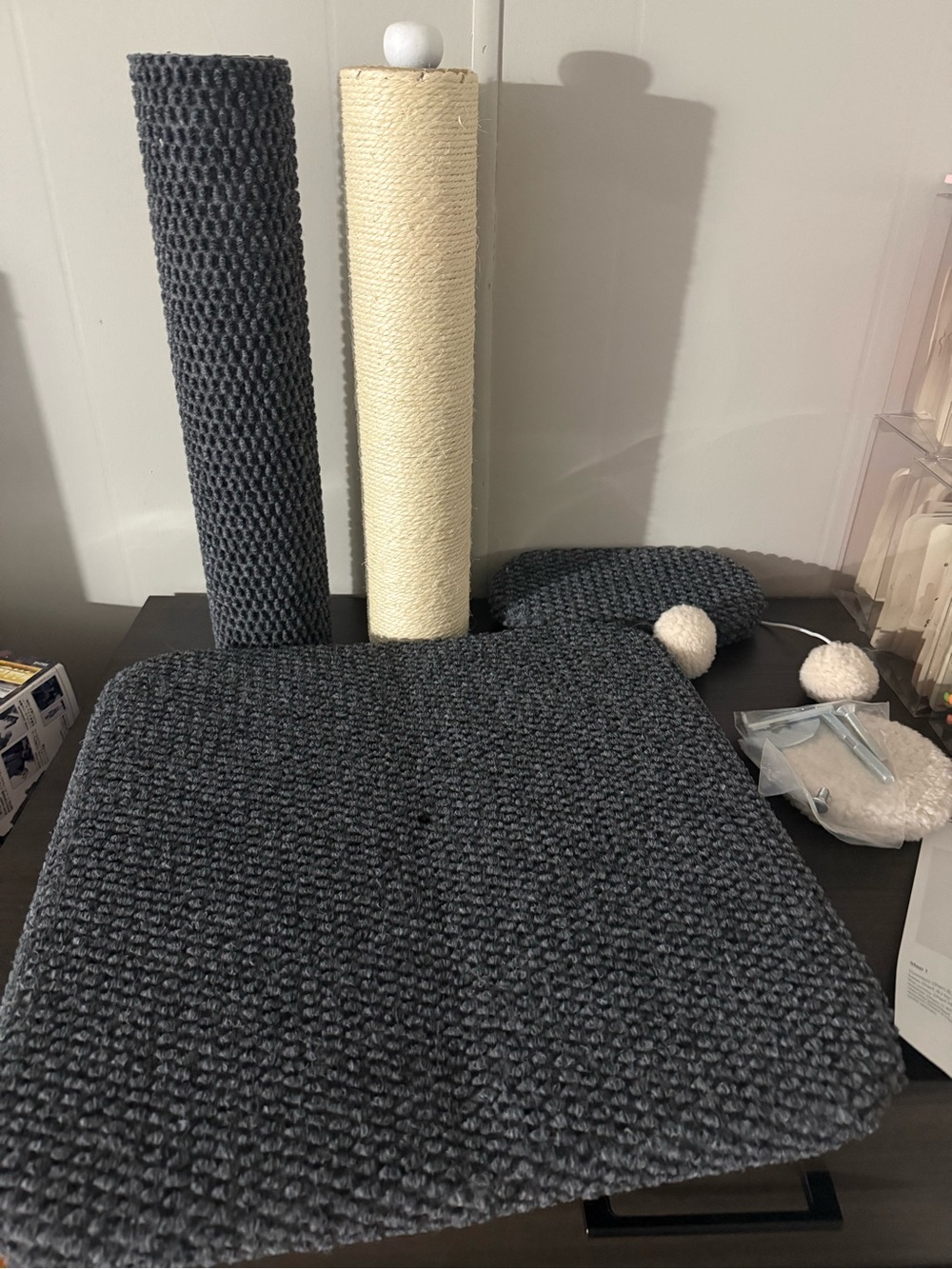 Gray Cat Scratcher Play Platform and Sisal Pole Set